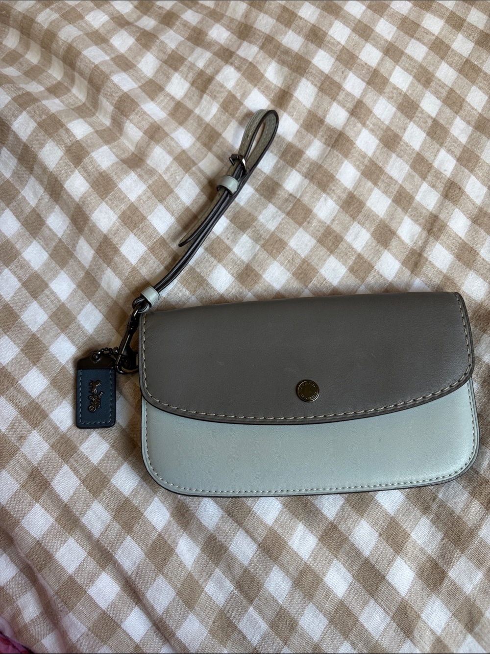 Coach Two-Tone Leather Wristlet in Gray and Light Blue